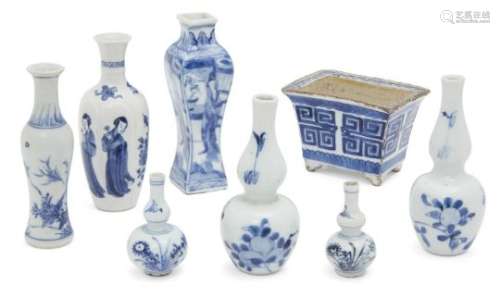 Seven Chinese porcelain small vases and a jardinière, 17th-18th century, to include one square