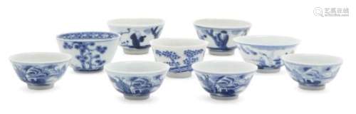 Nine Chinese porcelain wine cups, 18th-19th century, painted in underglaze blue with scenes of