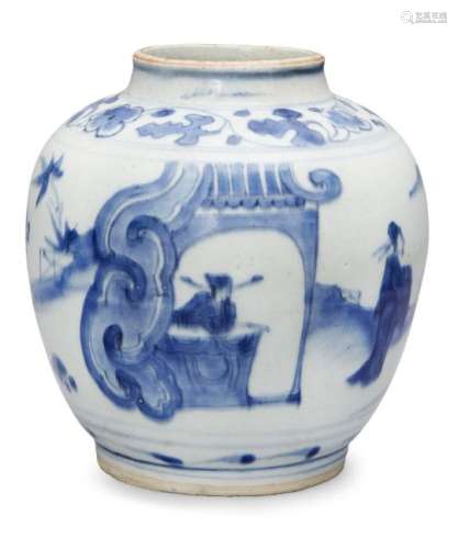 A Chinese porcelain jar, 17th century, painted in underglaze blue with officials in a garden
