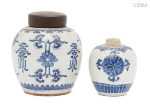 Two Chinese porcelain jars, 18th century, painted in underglaze blue with stylised floral sprays,