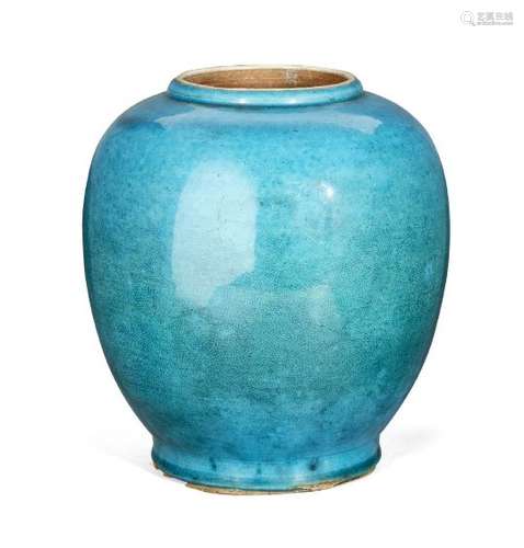 A Chinese porcelain monochrome jar, Kangxi period, with allover turquoise glaze, unmarked glazed