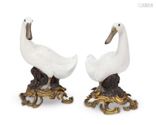 A pair of large Chinese export porcelain ducks, 18th/19th century, modelled standing on brown-glazed