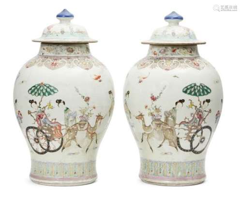 A pair of large Chinese porcelain baluster jars and covers, late Qing dynasty, painted in famille