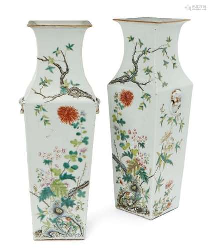 A pair of large Chinese porcelain square vases, early 20th century, painted in famille rose