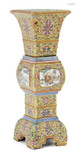 A Chinese porcelain altar vase, fang gu, 19th century, the square-sectioned body painted in