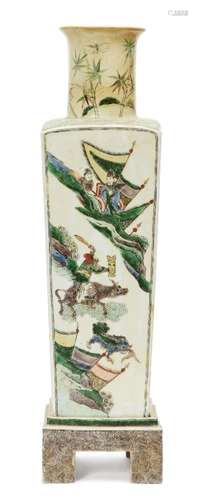 A Chinese porcelain square vase and stand, 19th century, painted in famille verte enamels with