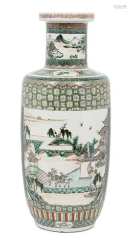 A Chinese porcelain rouleau vase, 19th century, painted in famille verte enamels with panels of
