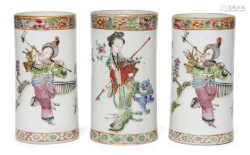 Three Chinese porcelain brush pots, late 19th century, painted in famille rose enamels with