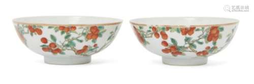 A pair of Chinese porcelain bowls, late Qing dynasty, painted in enamels with fruiting branches,