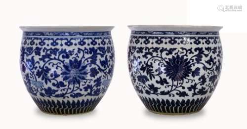 A pair of large Chinese porcelain jardinières, mid-19th century, painted in underglaze blue with