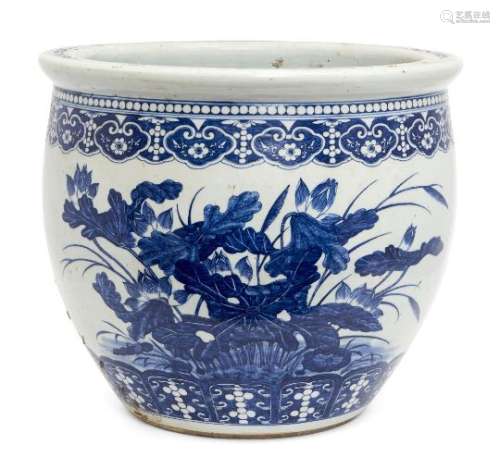 A large Chinese porcelain jardinière, 19th century, painted in underglaze blue with a phoenix amidst