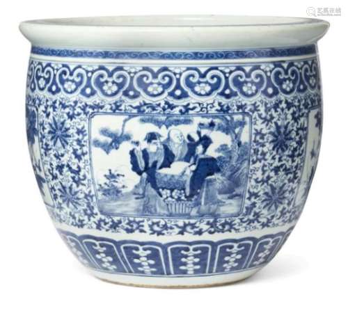 A large Chinese porcelain jardinière, 19th century, painted in underglaze blue with alternating