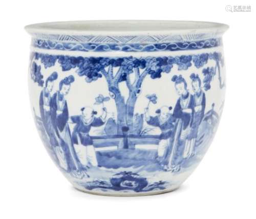 A Chinese porcelain jardinière, 19th century, painted in underglaze blue with two pairs of women