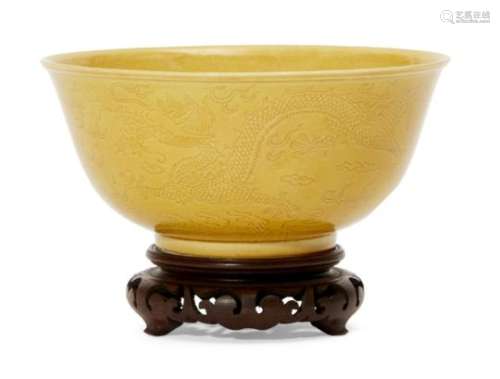 A Chinese porcelain monochrome 'dragon' bowl, Guangxu mark and period, incised to the exterior
