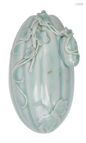 A Chinese porcelain celadon-glazed 'melon' wall vase, Qianlong mark and of the period, modelled as a