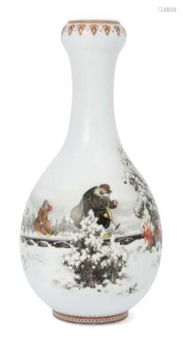 A Chinese porcelain garlic-head vase, mid-20th century, finely painted to the bulbous body with a