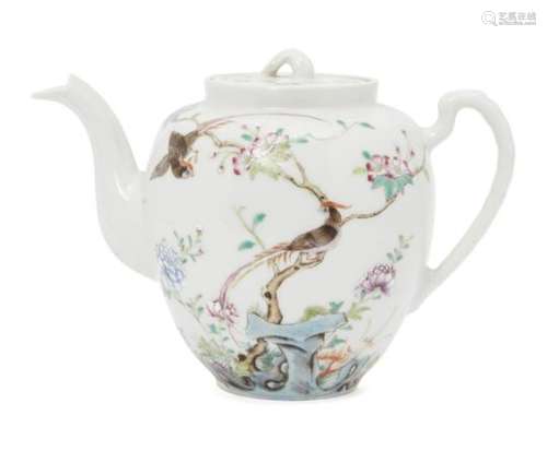 A Chinese porcelain teapot, Republic period, painted in famille rose enamels with pheasants