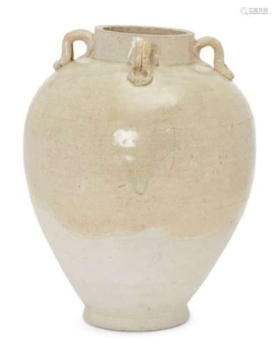 A Chinese pottery straw-glazed jar, Tang dynasty, with four loop handles to shoulder, the
