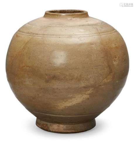 A large Chinese grey stoneware celadon globular vase, Ming dynasty, 15th century, decorated with