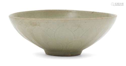 A Chinese grey stoneware Longquan celadon bowl, Song dynasty, covered in an olive-green glaze, the