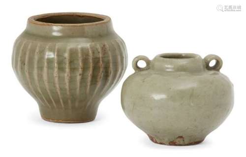 Two Chinese grey stoneware celadon jarlets, Song - Yuan dynasty, one with lug handles to neck and