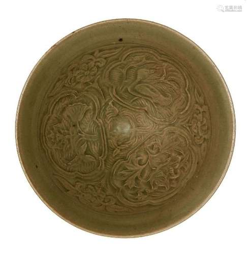 A Chinese grey stoneware carved Yaozhou celadon conical bowl, early 20th century, decorated to the