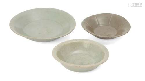 Three Chinese Longquan celadon small dishes, Song - Yuan dynasty, each with differing hues of