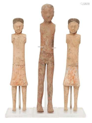 Three Chinese terracotta tomb figures, Yang Ling mausoleum, Han dynasty, comprising two female and