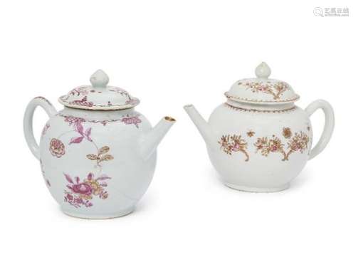 A Chinese porcelain ovoid teapot and cover, 18th century, decorated in the famille rose palate