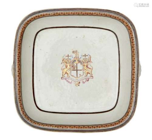 A Chinese export porcelain armorial square dish, 18th century, painted in famille rose enamels