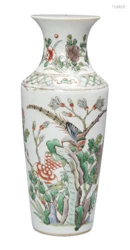 A Chinese porcelain vase, 19th century, painted in famille verte enamels with a bird perched atop