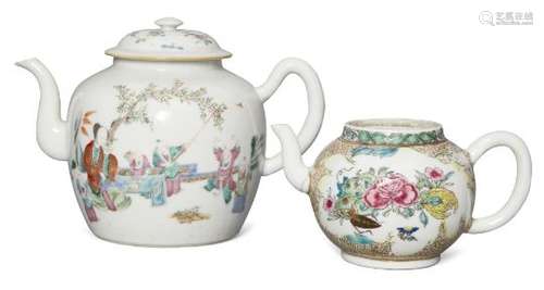 Two Chinese porcelain teapots, 18th and 19th century, each painted in famille rose enamels, one