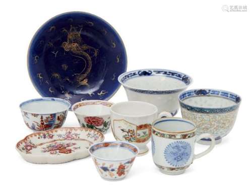 Nine pieces of Oriental porcelain, 18th-early 20th century, comprising a blue-glazed dish painted in