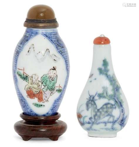 A Chinese porcelain doucai snuff bottle, 19th century, decorated with a deer beneath a pine tree