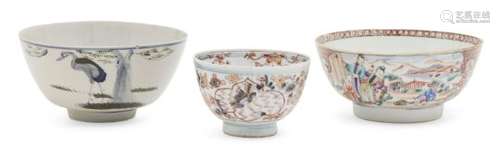 Three porcelain bowls, 17th-19th century, comprising a Chinese famille rose punch bowl, 17cm