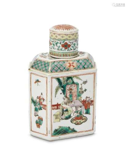 A Chinese porcelain tea caddy and cover, 19th century, painted in famille verte enamels with