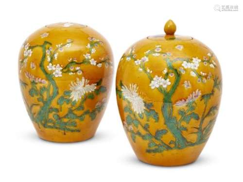 A pair of Chinese porcelain sancai glazed jars and covers, 19th century, with painted and incised