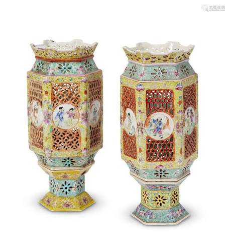 A pair of Chinese porcelain hexagonal lanterns, early 20th century, painted in famille rose