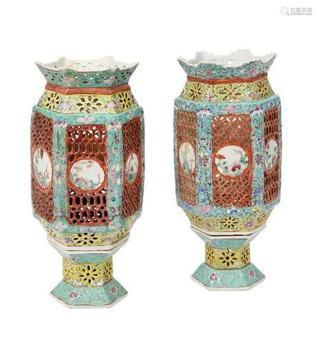 A pair of Chinese porcelain hexagonal lanterns, early 20th century, painted in famille rose