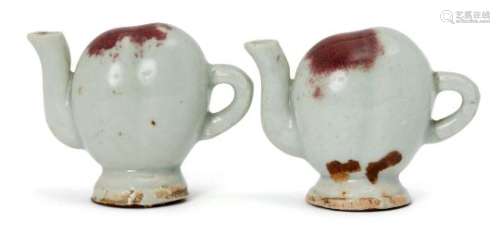 Two Chinese porcelain miniature Cadogan teapots, 19th century, covered in a pale blue glaze with