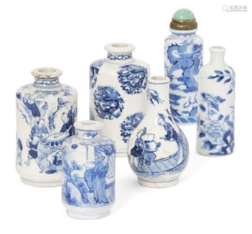 Six Chinese porcelain snuff bottles, 18th and 19th century, each painted in underglaze blue, one