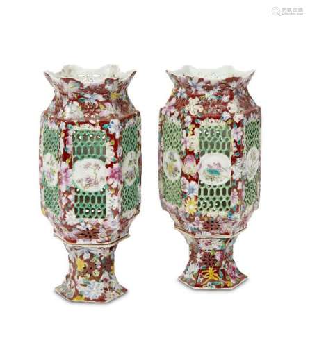A pair of Chinese porcelain hexagonal lanterns, early 20th century, painted in famille rose