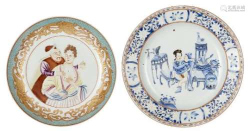Two Chinese porcelain dishes, late Qing dynasty, later painted with erotic scenes, 21-23cm