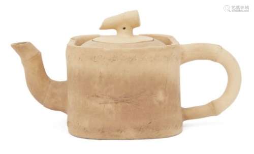 A Chinese Yixing simulated bamboo teapot, Republic period, of rounded square form with simulated