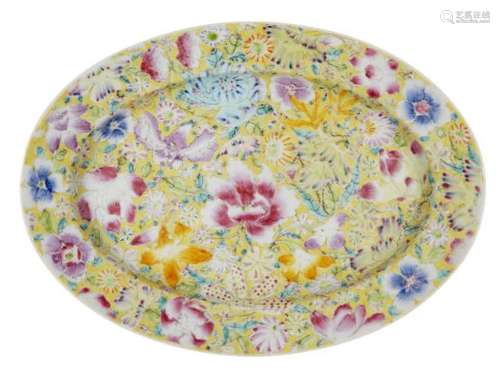 A Chinese porcelain 'millefleurs' oval dish, Republic period, painted in enamels with various