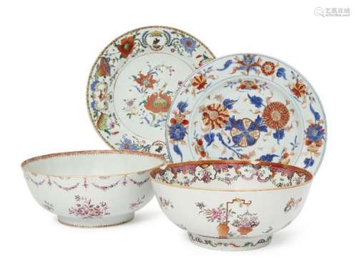 Two Chinese Canton porcelain punch bowls, 18th century, one decorated with vignettes of fruit and