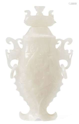 A Chinese hardstone twin-fish vase and cover, 20th century, carved with lotus pod finial and