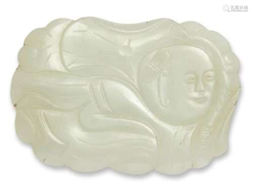 A Chinese pale green jade plaque, late Qing dynasty, carved as a boy aside a lotus leaf, 7.3cm