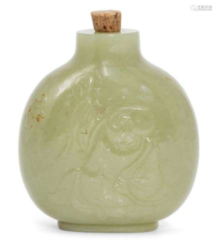 A Chinese celadon jade snuff bottle, late Qing dynasty, carved in low relief to one side with a