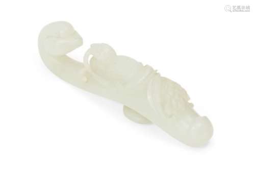 A Chinese white jade belthook, Qianlong period, finely carved with phoenix head terminal and a